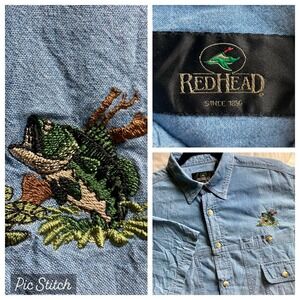RedHead Denim Chambray SS Button Up Shirt Men's L Bass Fish Embroidered Dad Hunt